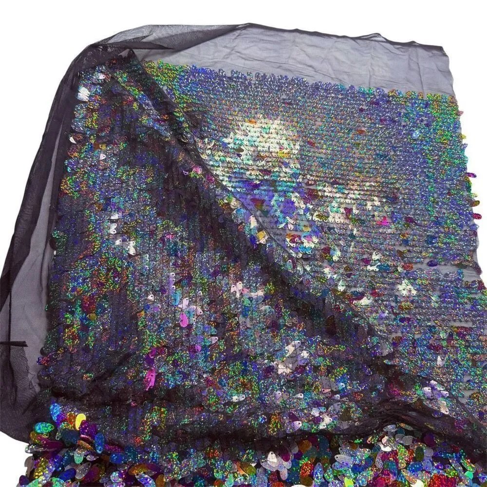 Holographic Teardrop Sequin Fabric Panel 54” x 40” Black Mesh Backdrop